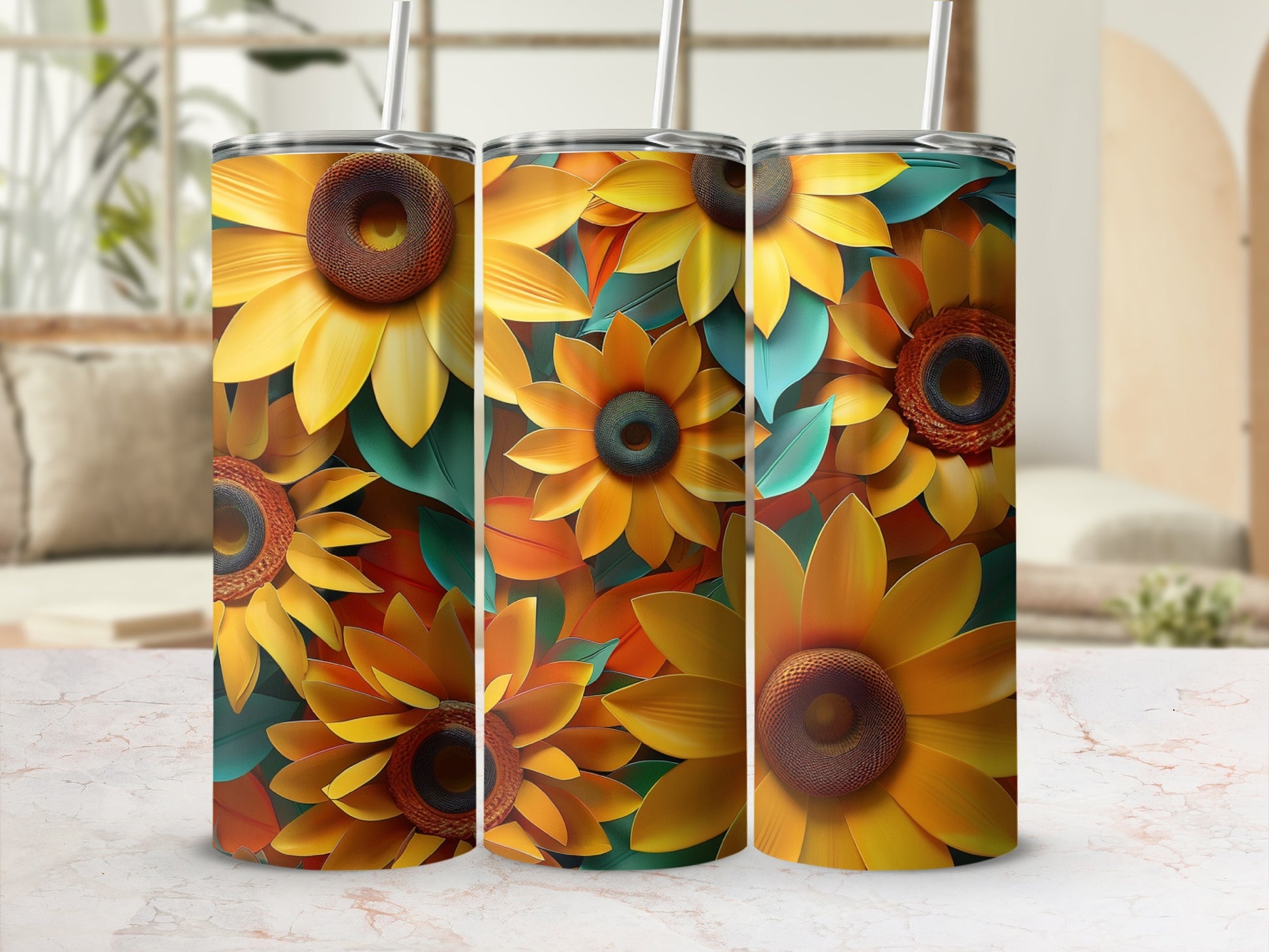 Three tall tumblers with a vibrant sunflower and leaf pattern.
