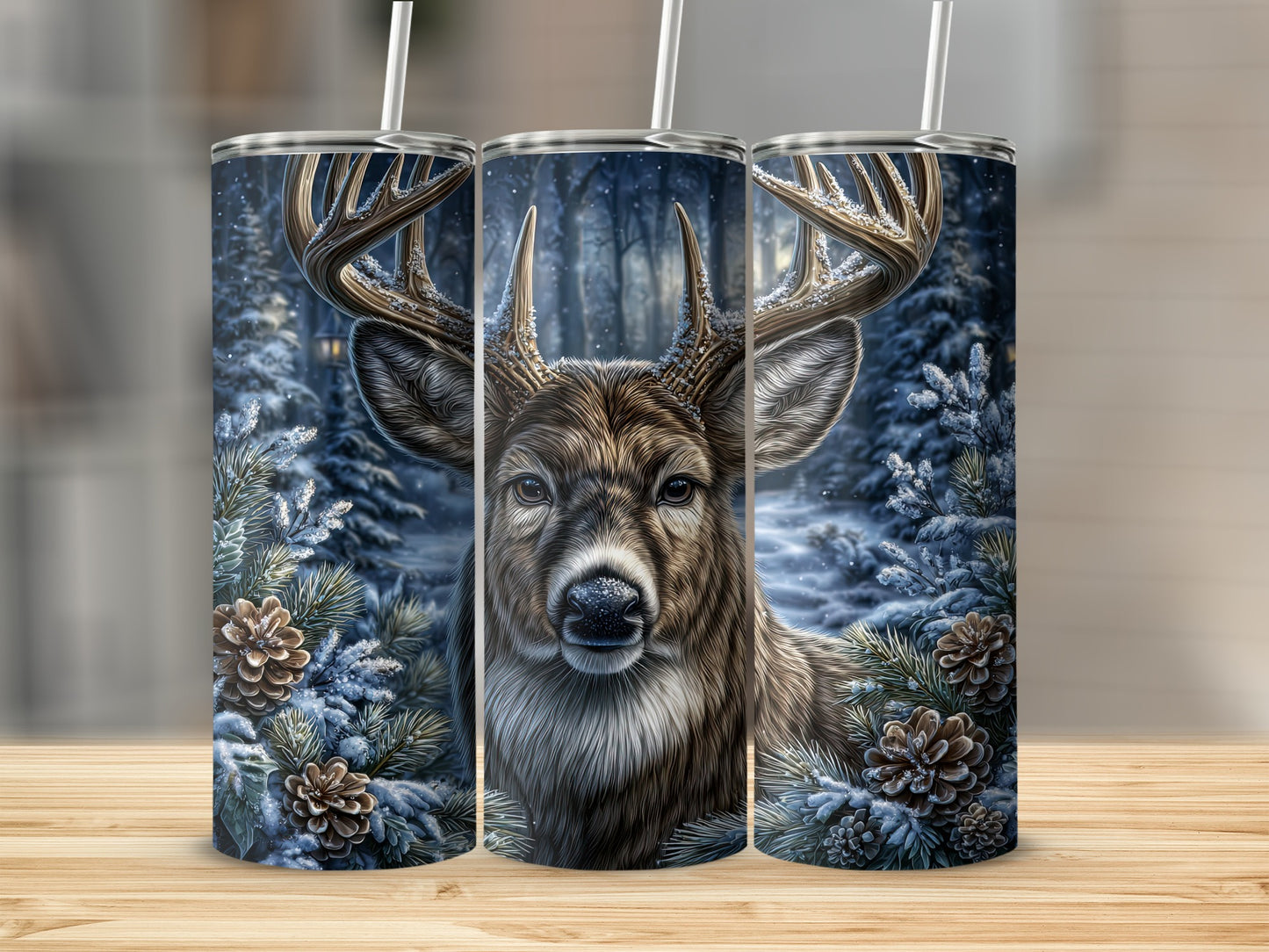 Winter Forest Deer Antlers Pinecones Insulated Tumbler