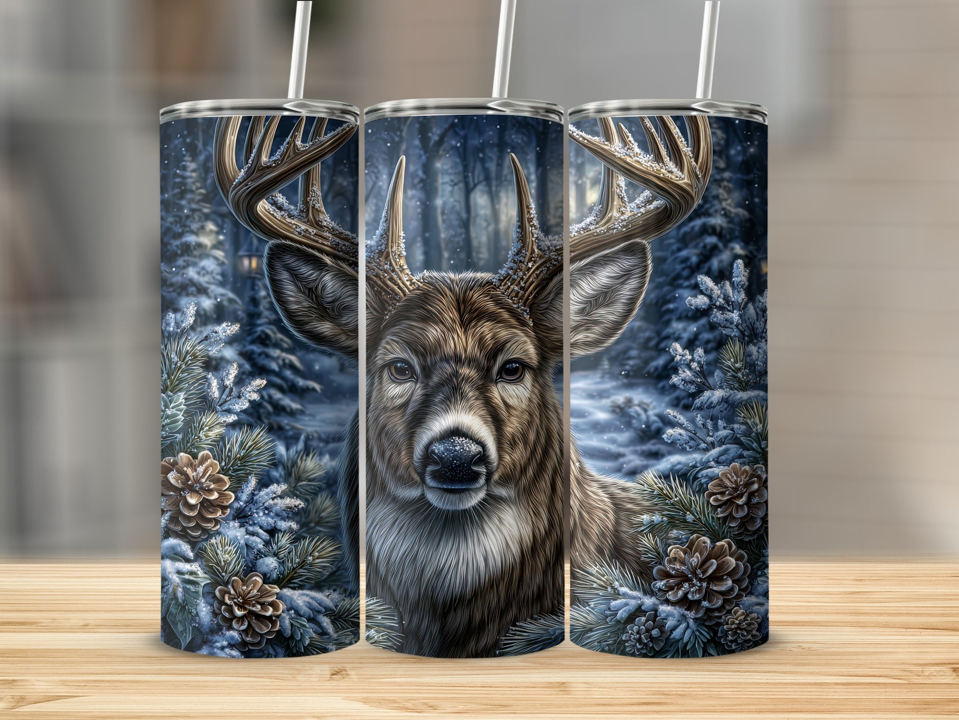 Winter Forest Deer Antlers Pinecones Insulated Tumbler