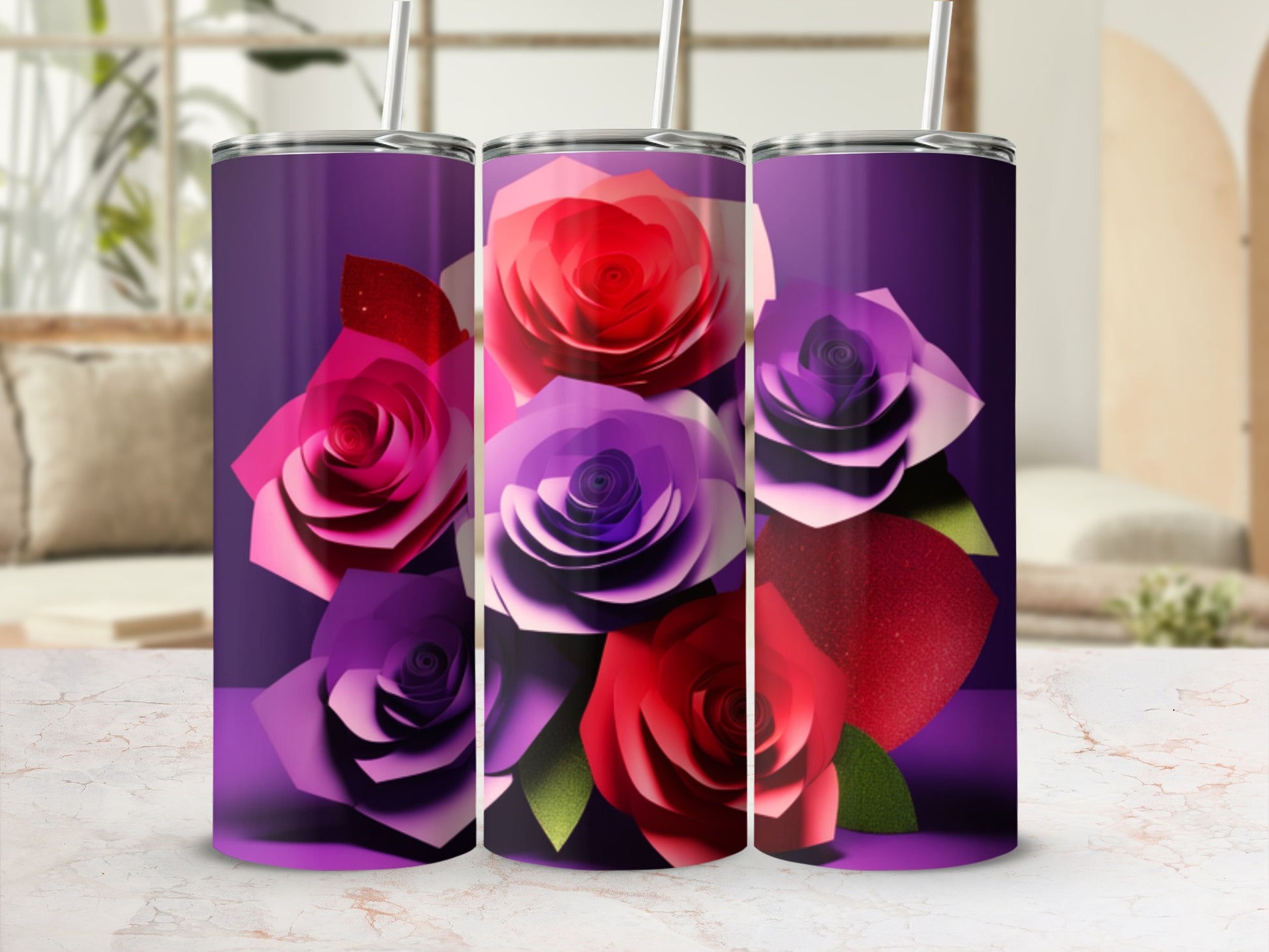 Three purple tumblers with watercolor rose designs in shades of red and purple.