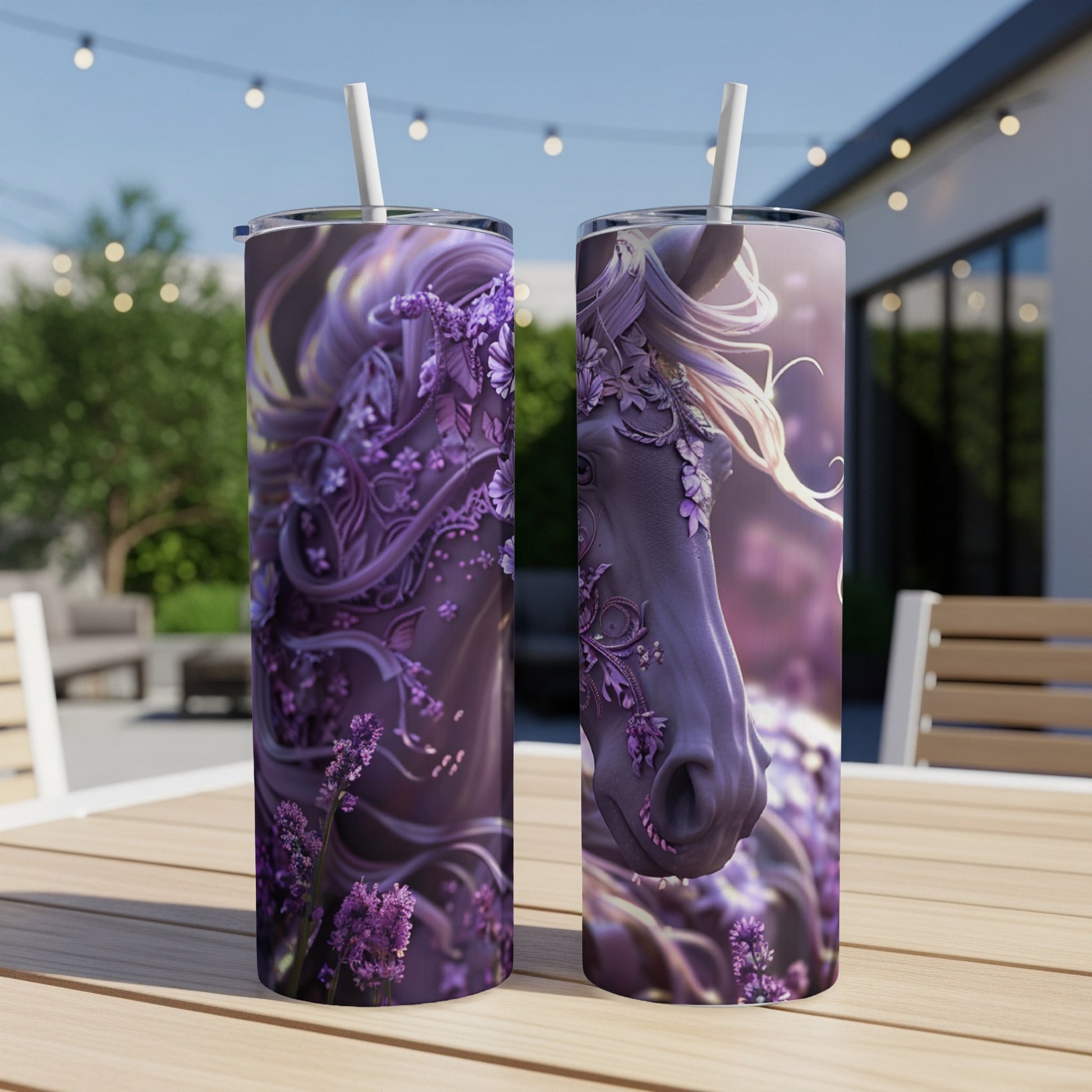Purple horse tumbler with floral design, straw inserted, outdoors.