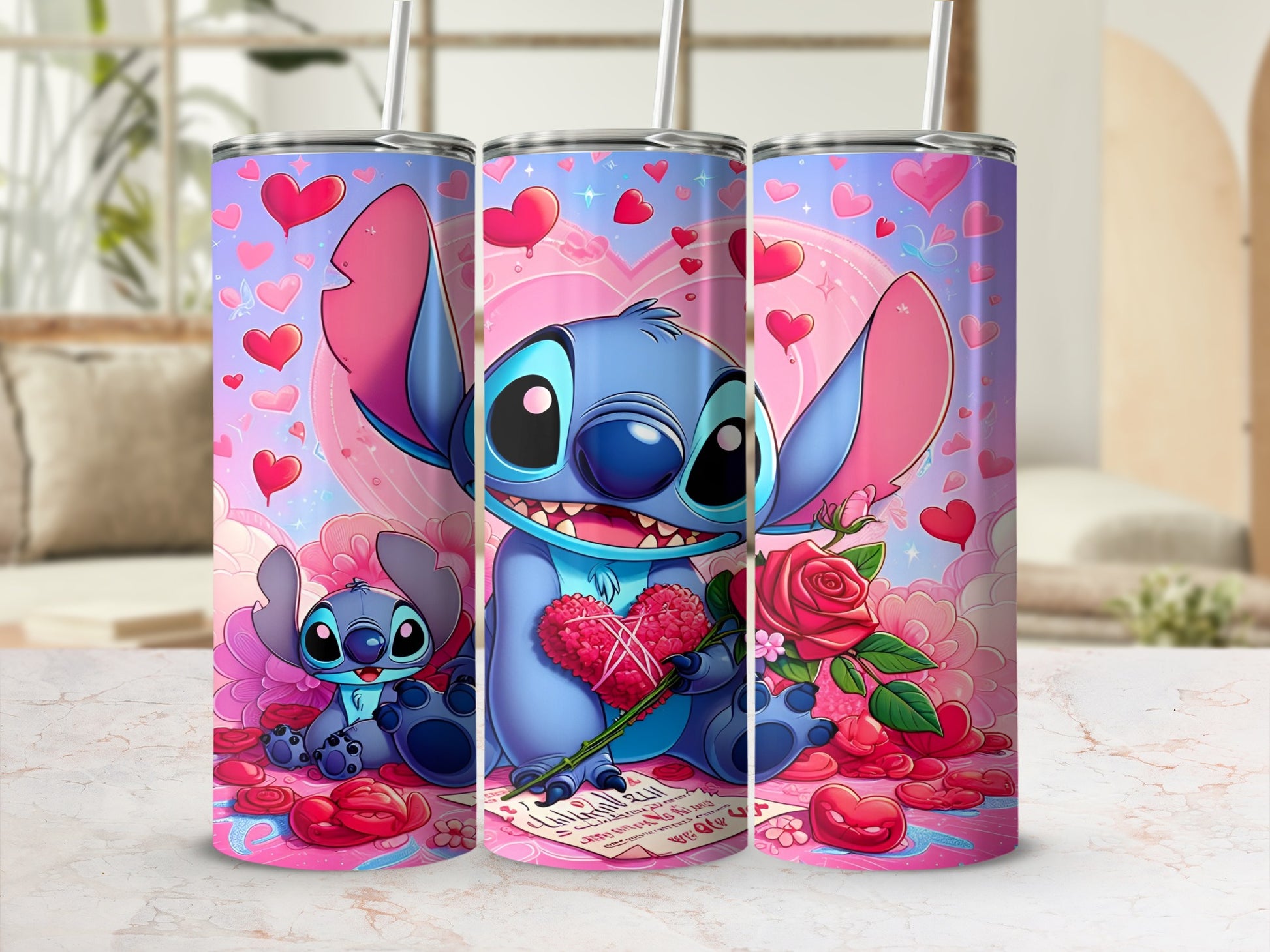Lilo & Stitch holding heart and roses with pink hearts background.