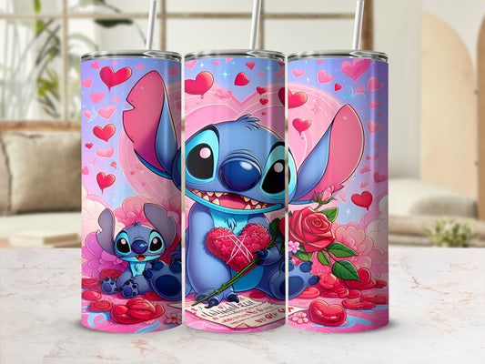 Lilo & Stitch holding heart and roses with pink hearts background.