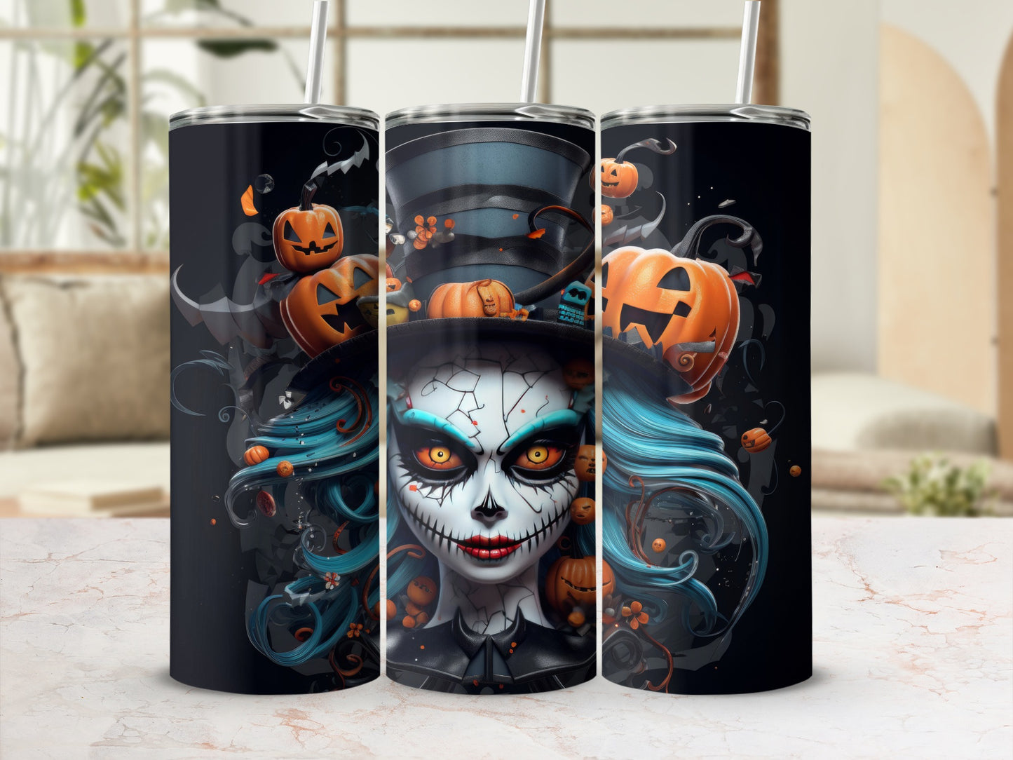 Halloween themed tumbler with a Day of the Dead skull, pumpkins, and blue hair.