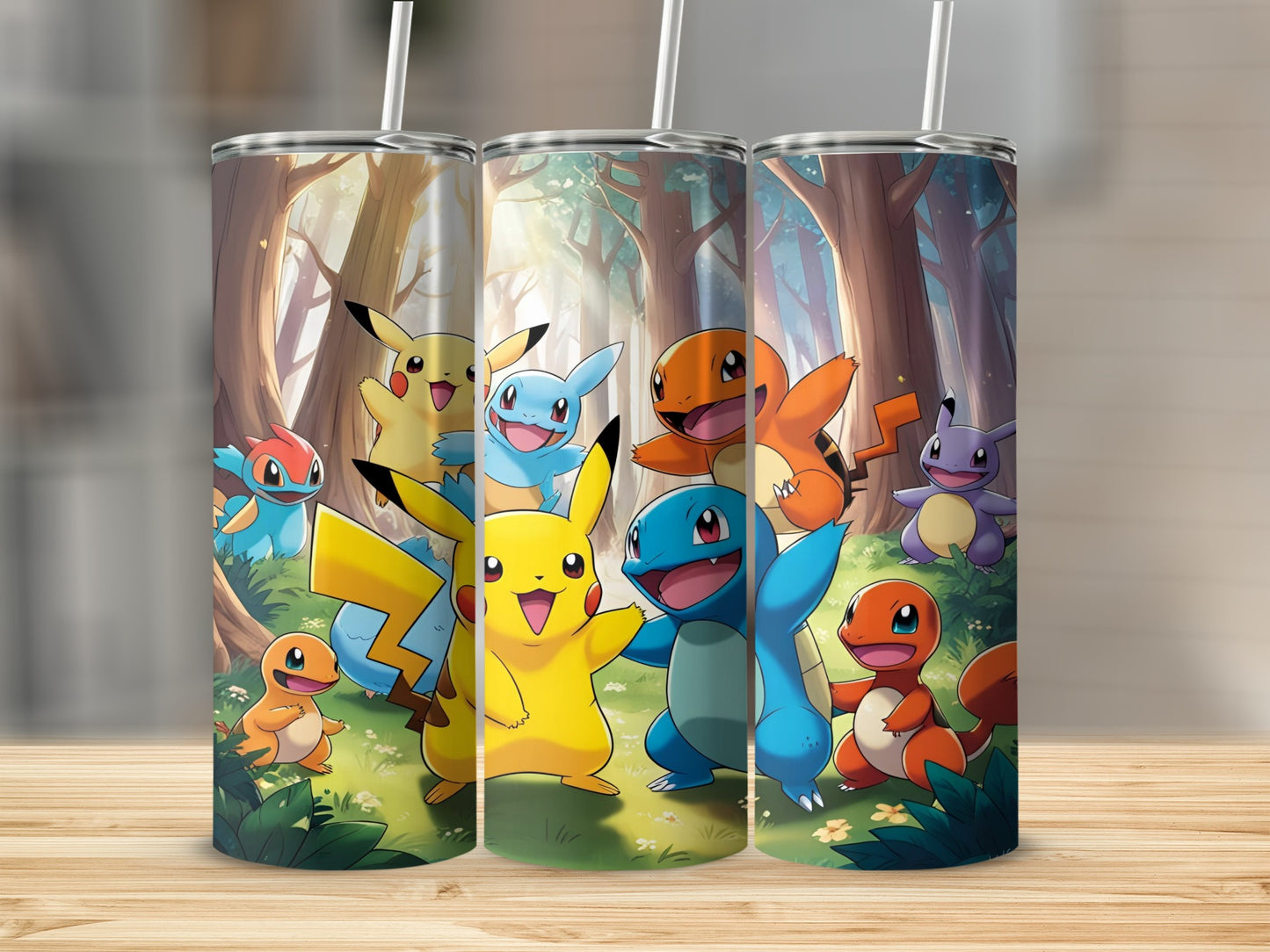 Pokemon characters Pikachu, Squirtle, Charmander, and others in a forest.
