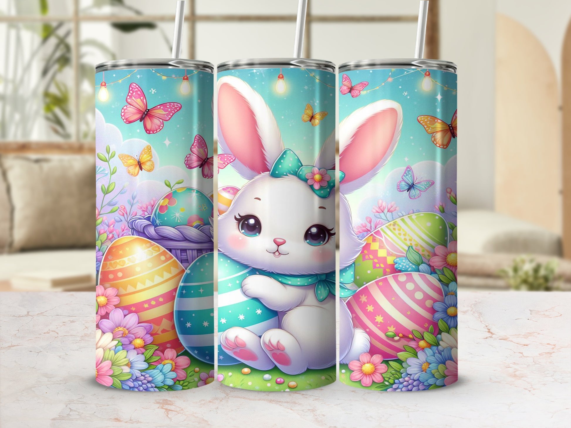 Easter bunny with decorated eggs and butterflies, surrounded by flowers.