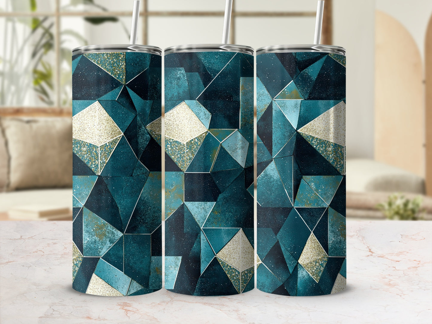 Teal Geometric With Gold Accent Design Pattern Tumblers