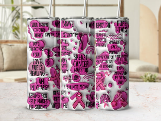 Three tumblers with inspirational text and pink ribbons for breast cancer awareness.