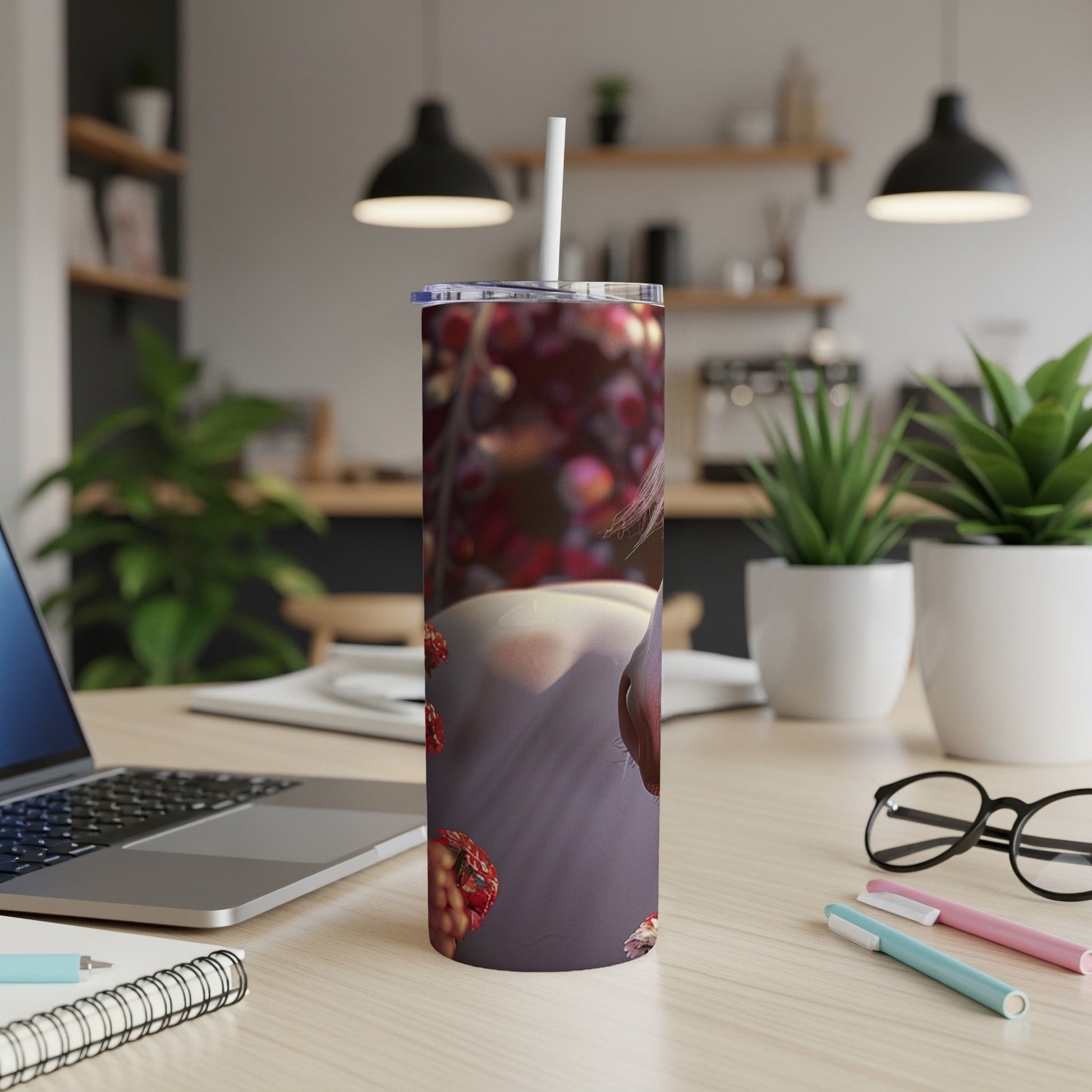 Tumbler with detailed illustration of fungal spores on a purple background.