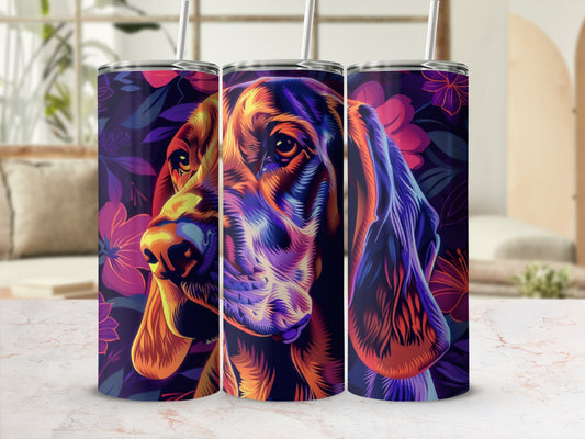 Colorful dog portrait with floral background on three tumblers.