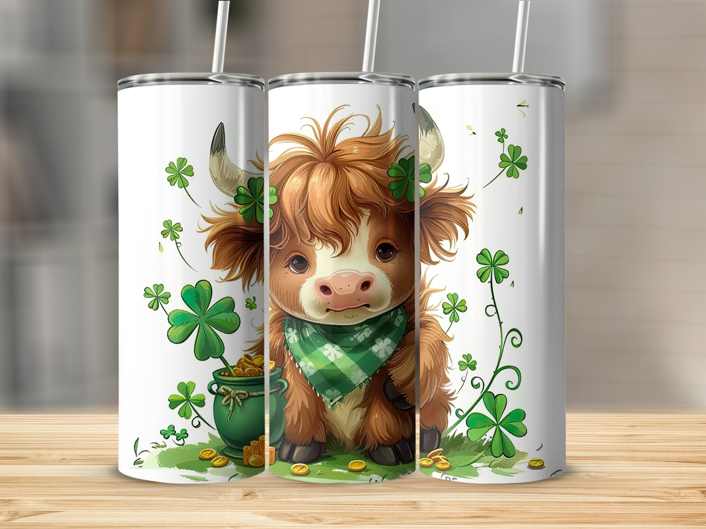 Cow with shamrocks and pot of gold on Saint Patrick's Day tumbler.