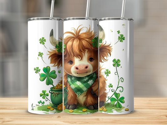 Cow with shamrocks and pot of gold on Saint Patrick's Day tumbler.