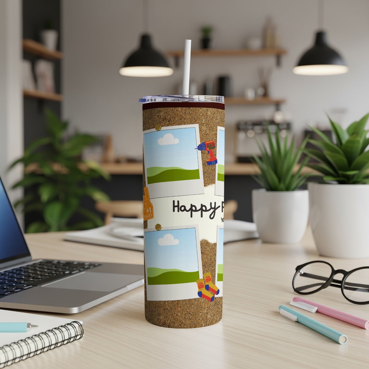 Cork tumbler with "Happy Father's Day" and tool graphics.