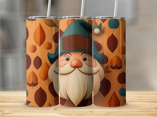 Gnome illustration on orange background with falling leaves pattern.
