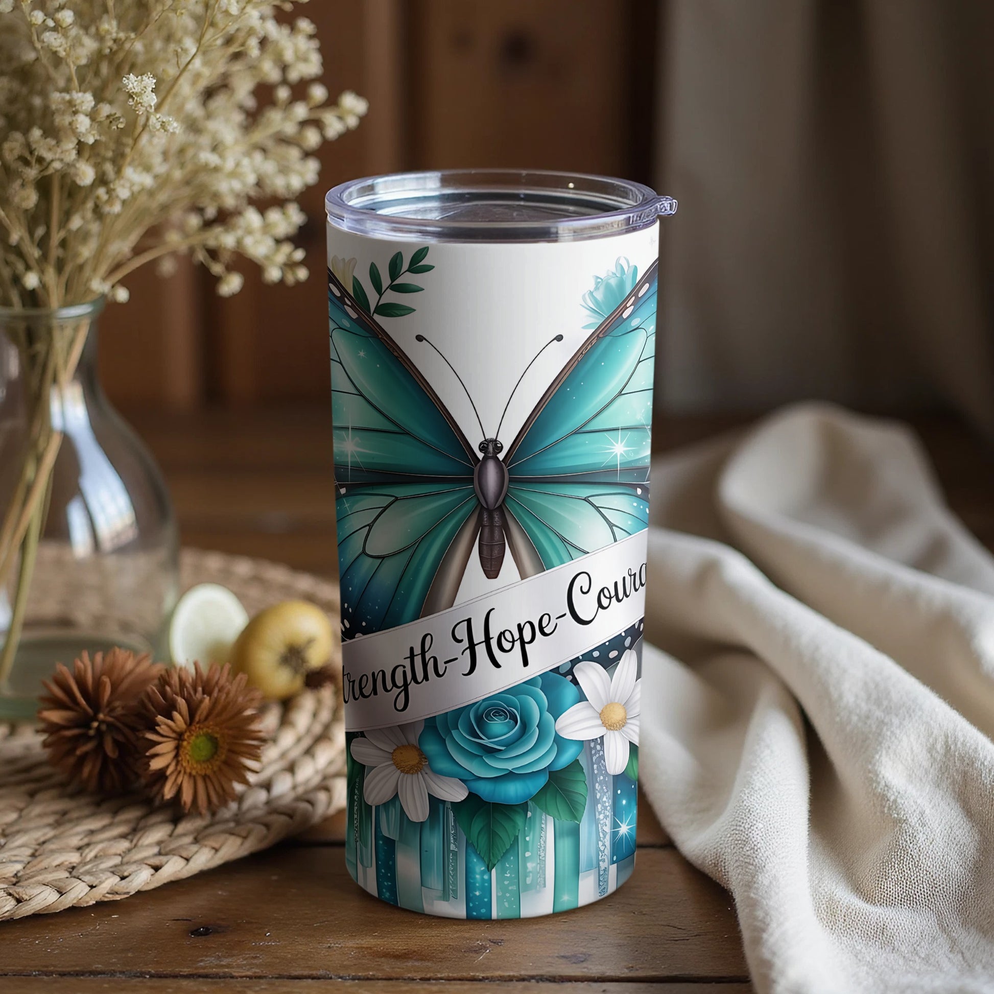 Strength Hope Courage Butterfly Floral Tumbler