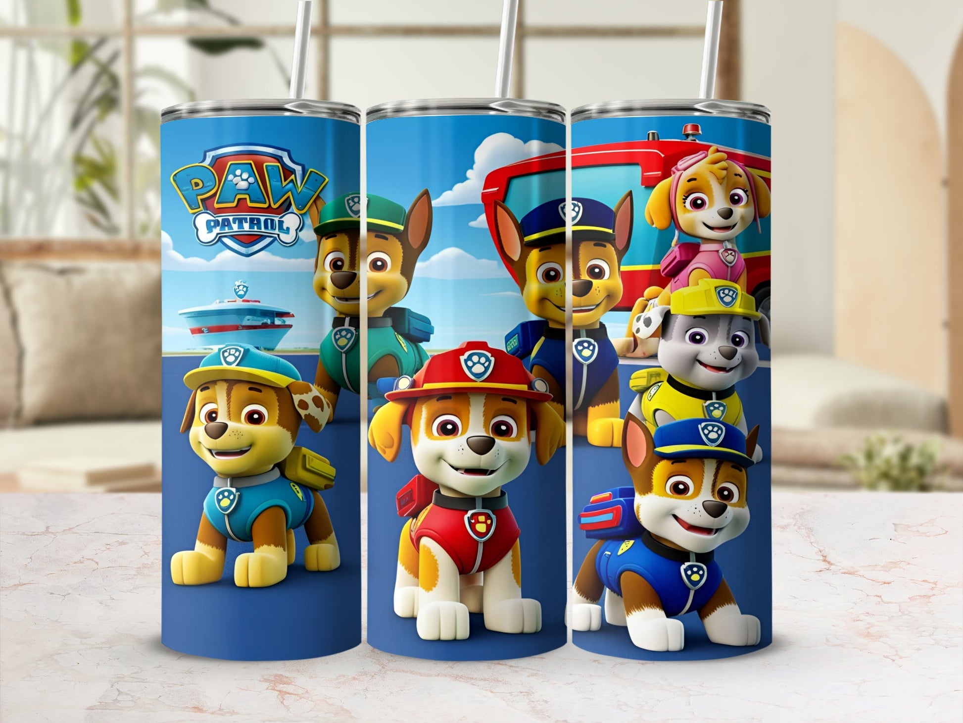 Paw Patrol pups Chase, Marshall, and Skye on a blue background.