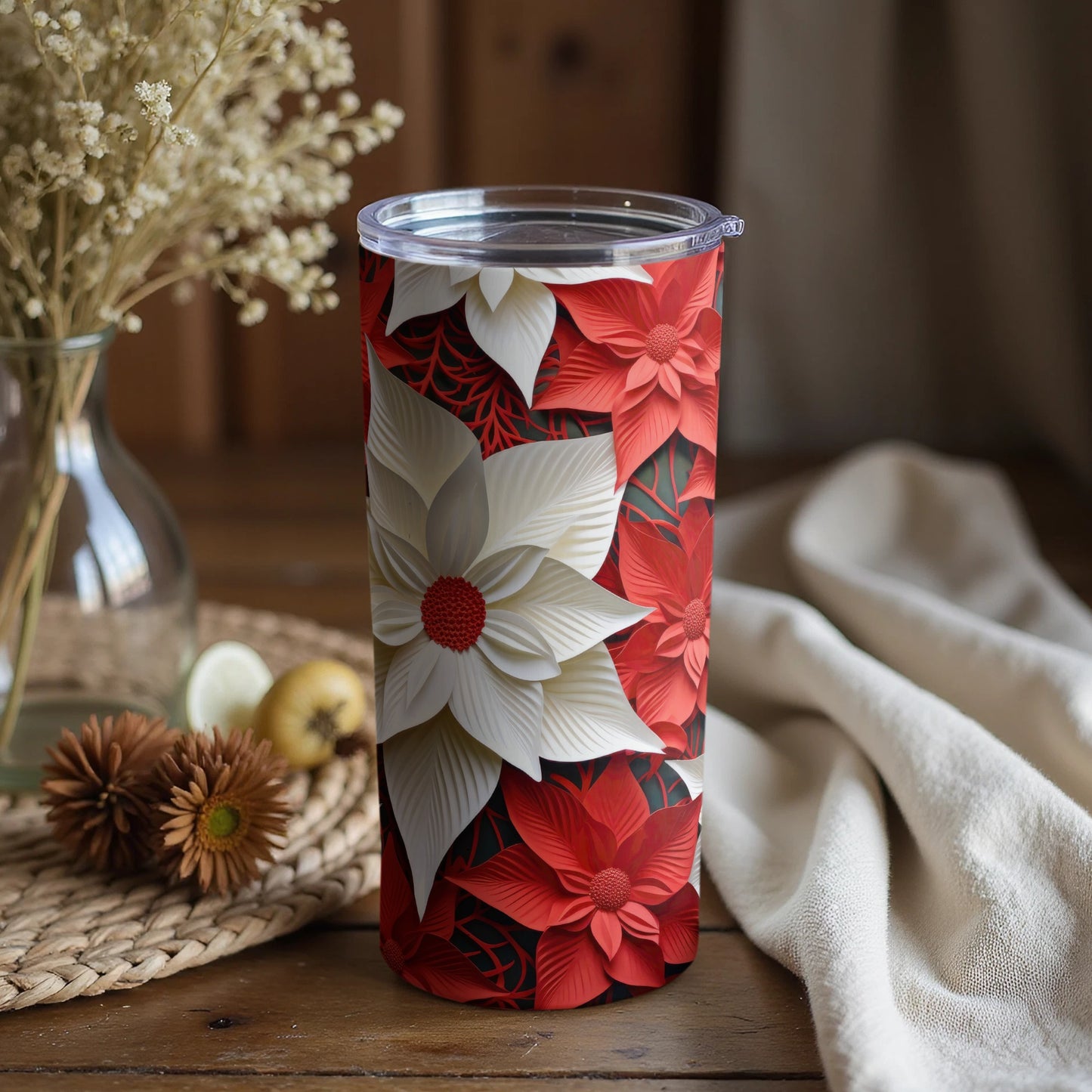Festive Floral Design Tumbler with Vibrant Red and White