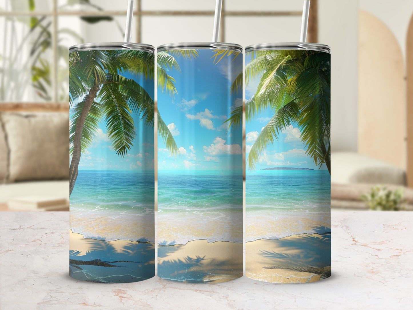 Three tumblers with a tropical beach scene and palm trees.