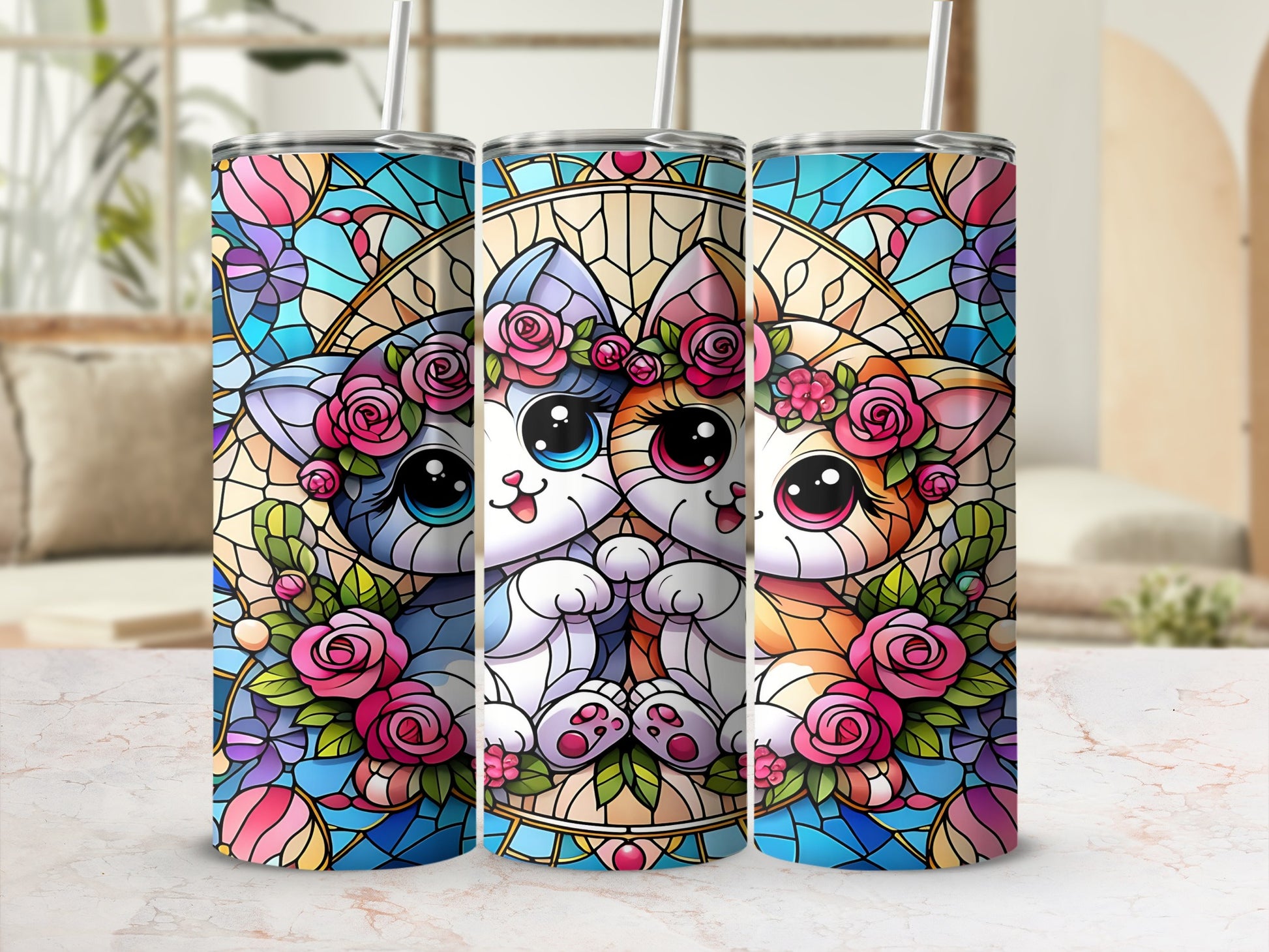 Three stained glass kittens wearing flower crowns, on a tumbler.
