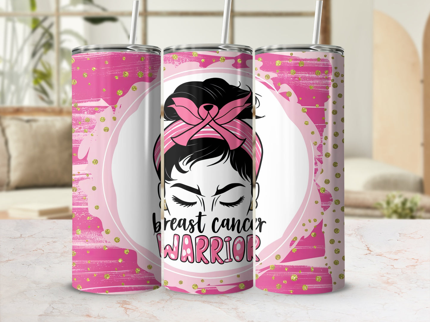 Pink skinny tumbler with a messy bun and breast cancer warrior text.