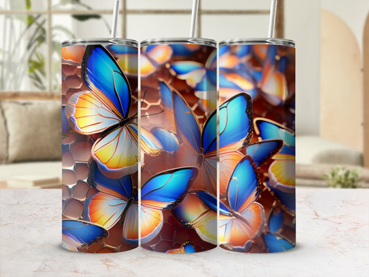 Triptych of tumblers featuring a close-up of blue and orange butterflies.
