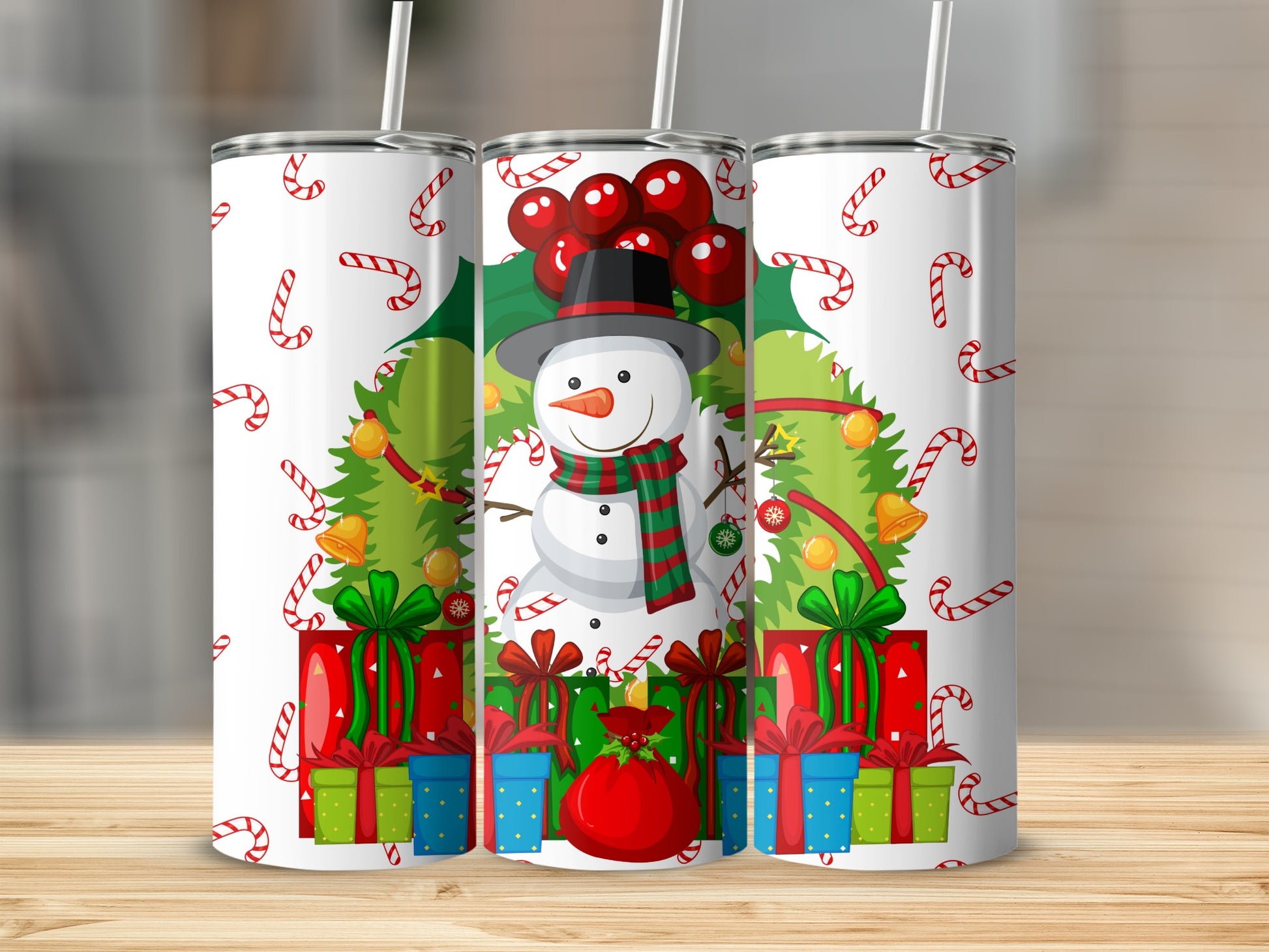 Festive Christmas Snowman and Presents Tumbler Design