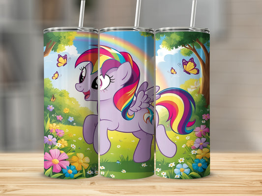 Purple pony with rainbow mane and tail, surrounded by flowers and butterflies.