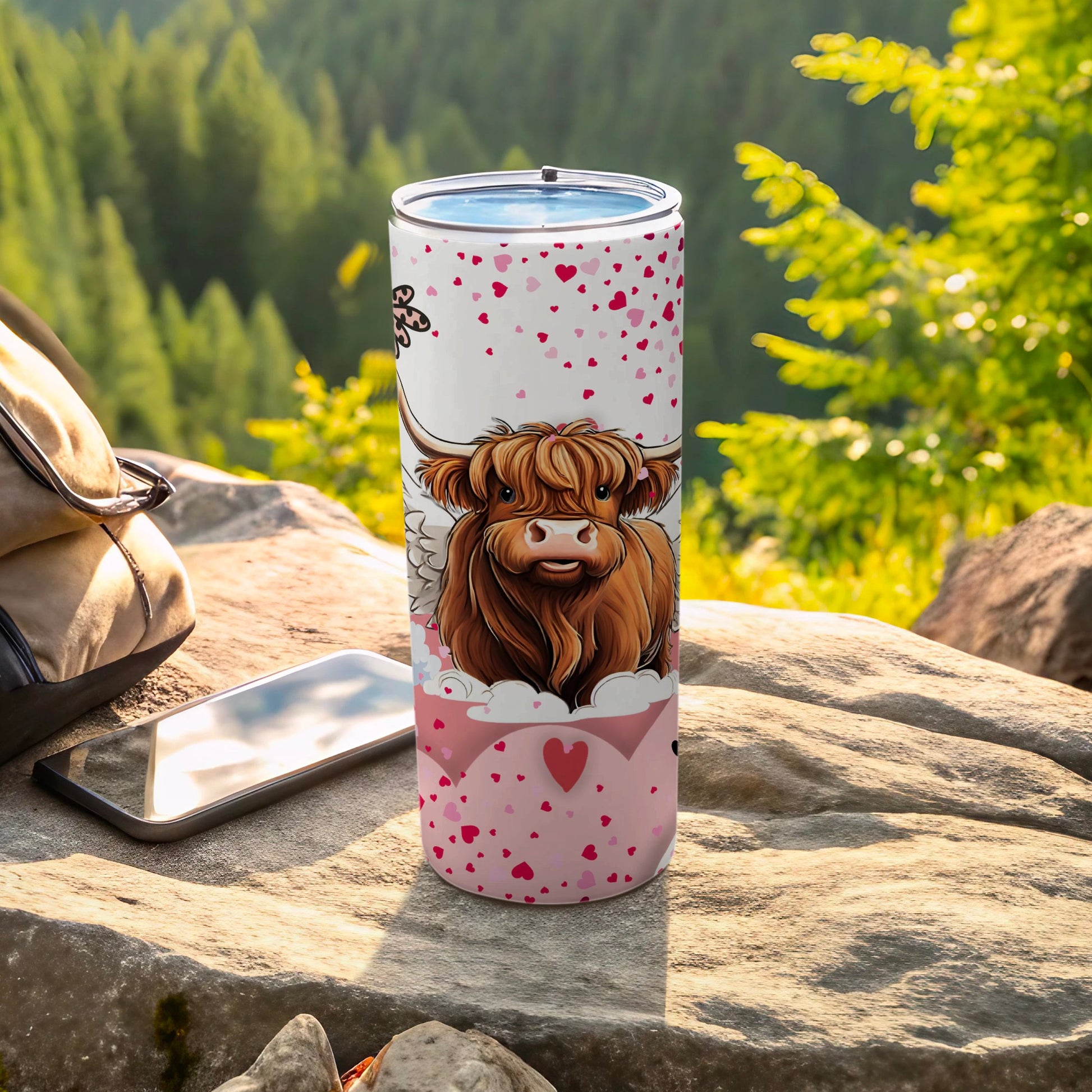 Cute Highland Cow with Hearts Tumbler Travel Mug