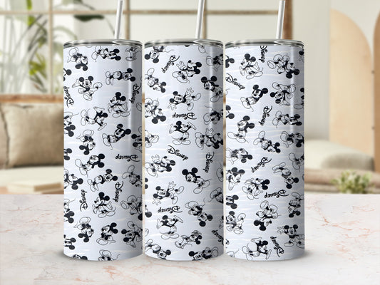 Three Disney Mickey Mouse tumblers with straw, patterned with black and white Mickey Mouse figures and "Disney" text.