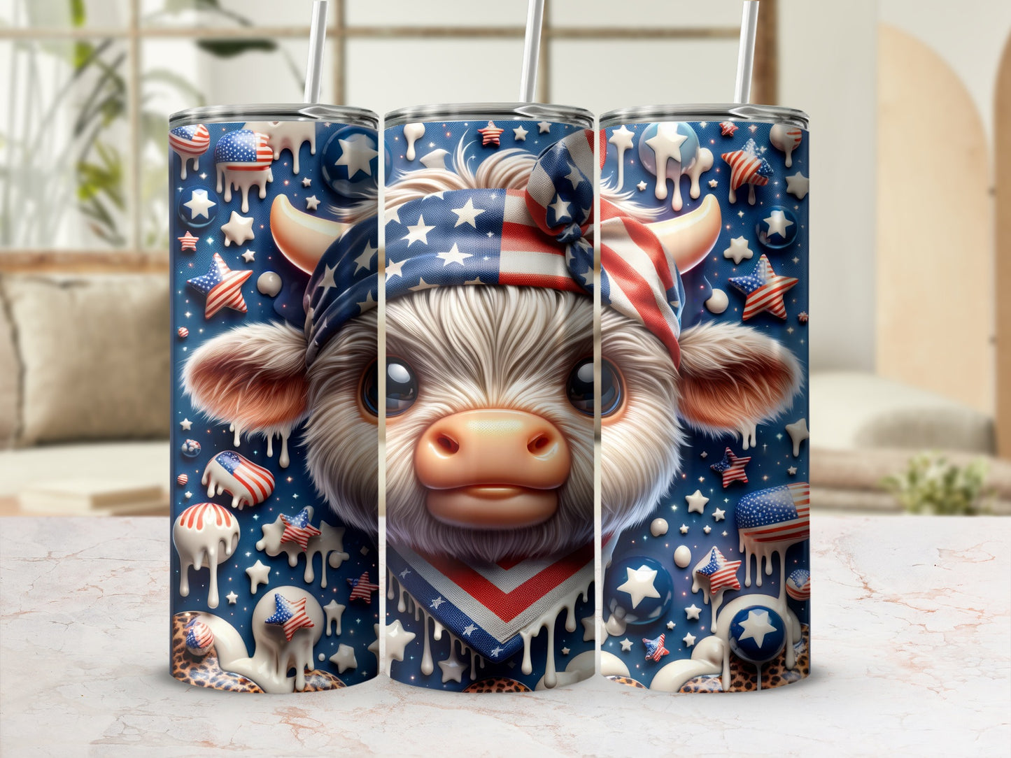 Patriotic cow with stars and stripes bandana on tumbler.