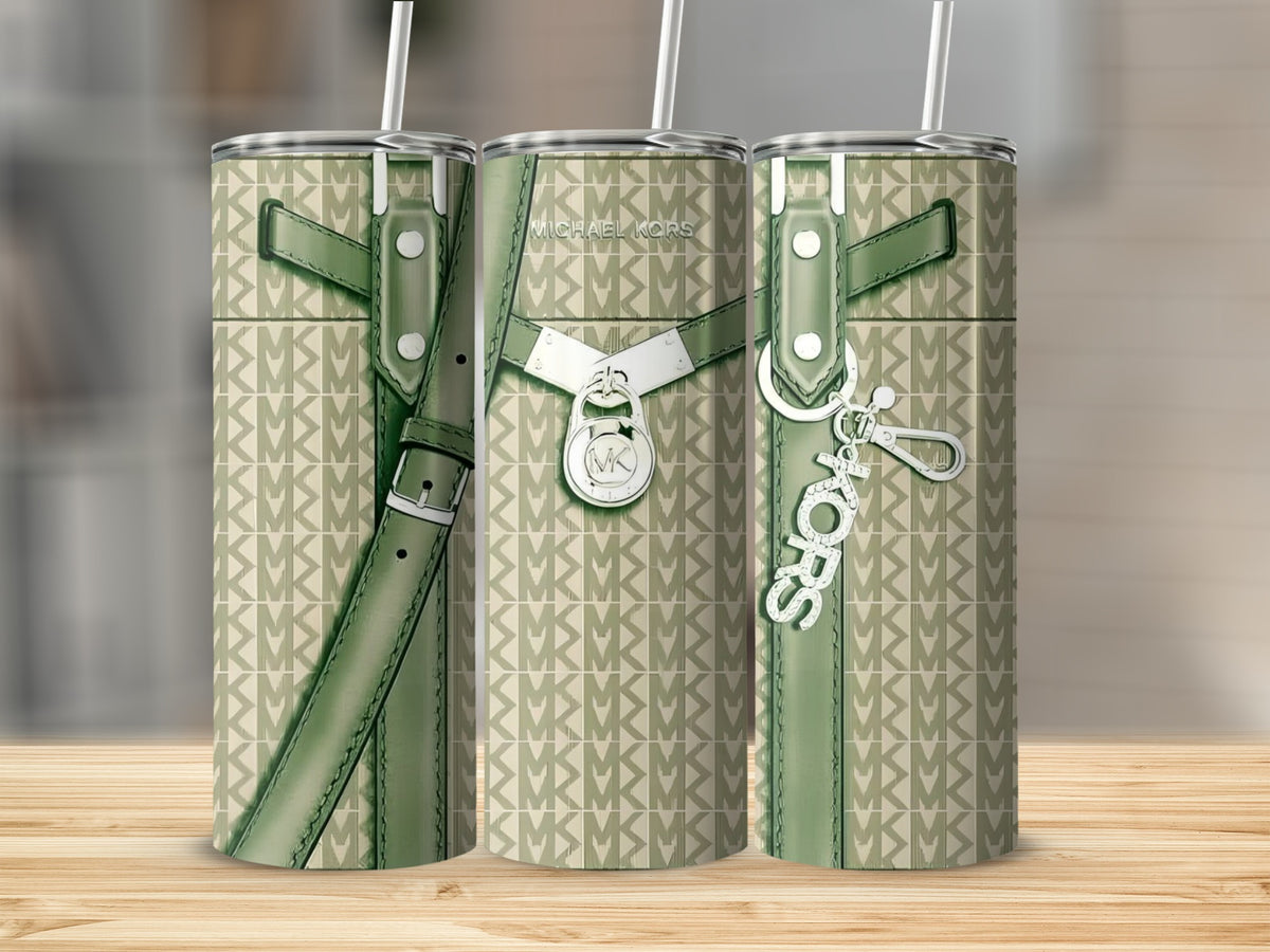 Three Michael Kors tumblers with logo pattern and green belt accents.