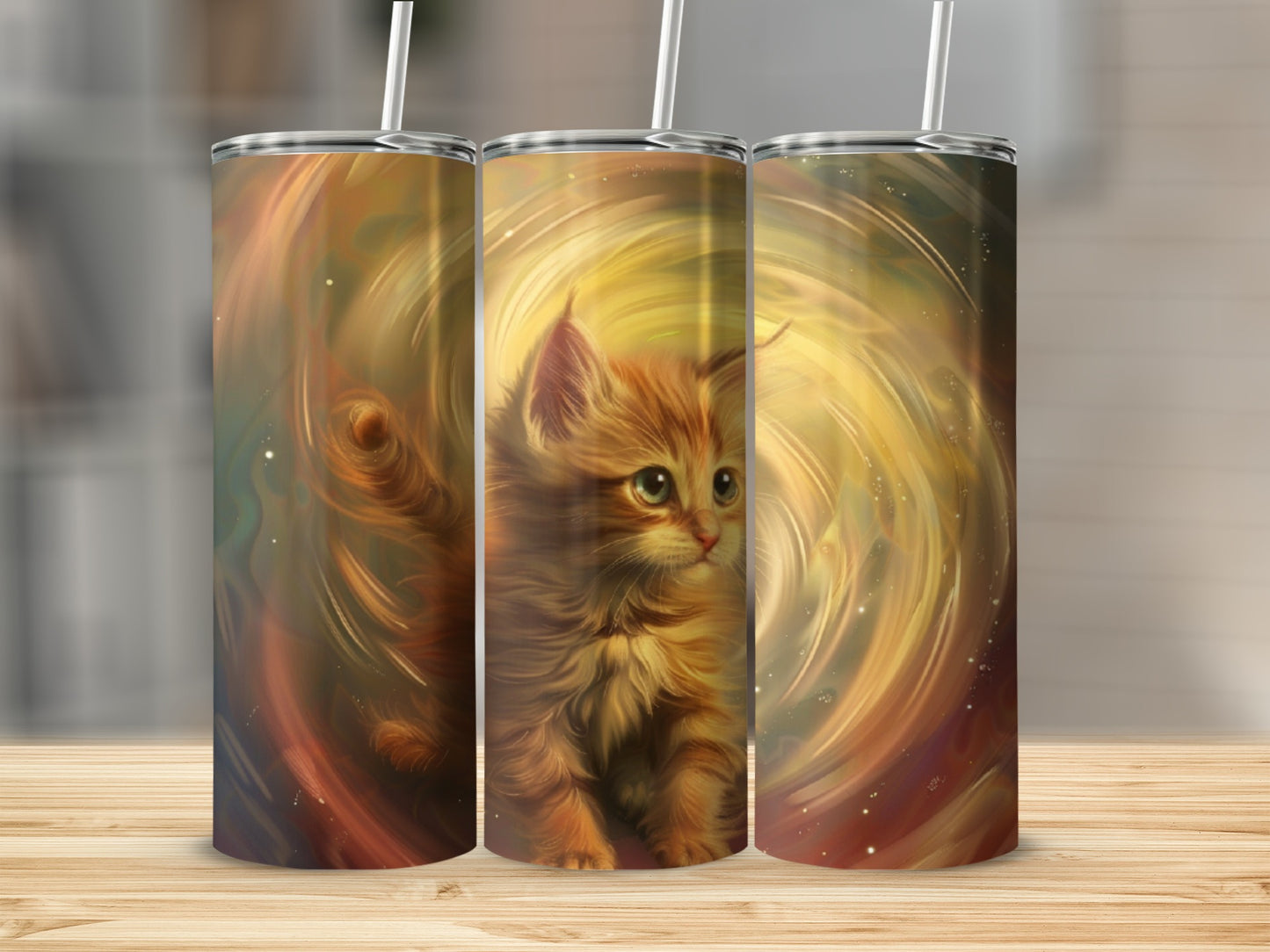 Orange tabby kitten in swirling golden light on a tumbler.