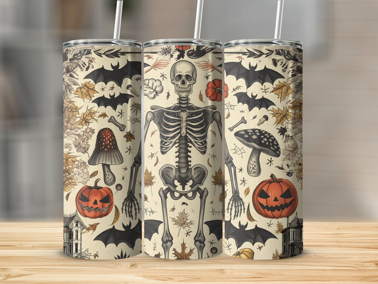Halloween themed tumbler with skeleton, bats, pumpkins, mushrooms, and houses.