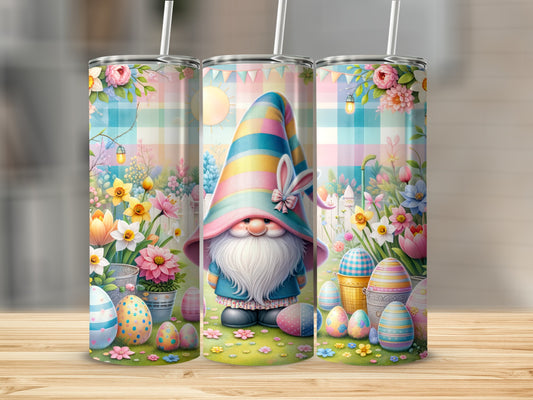 Easter gnome with colorful eggs and spring flowers on a plaid background.