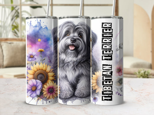 Tibetan Terrier on a tumbler with sunflowers and watercolor splashes.