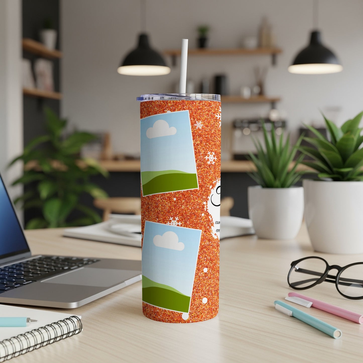 Orange glitter tumbler with two photo placeholders and snowflake accents.