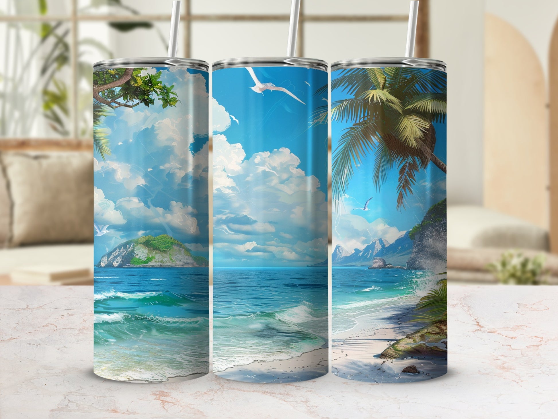 Beach scene with palm trees, ocean, and clouds wraps around three tumblers.