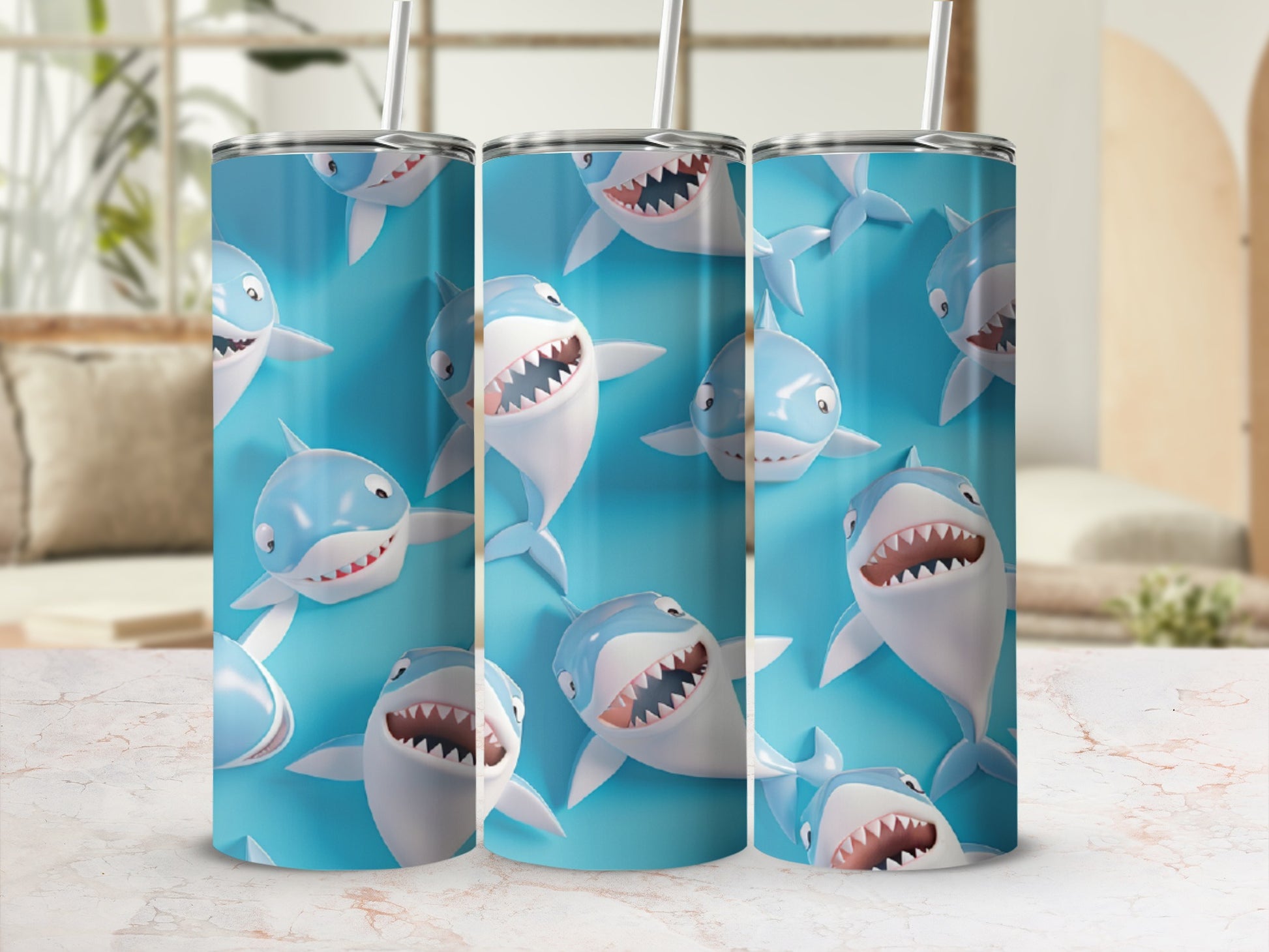 Tumbling blue tumbler with a repeating pattern of cartoon sharks.