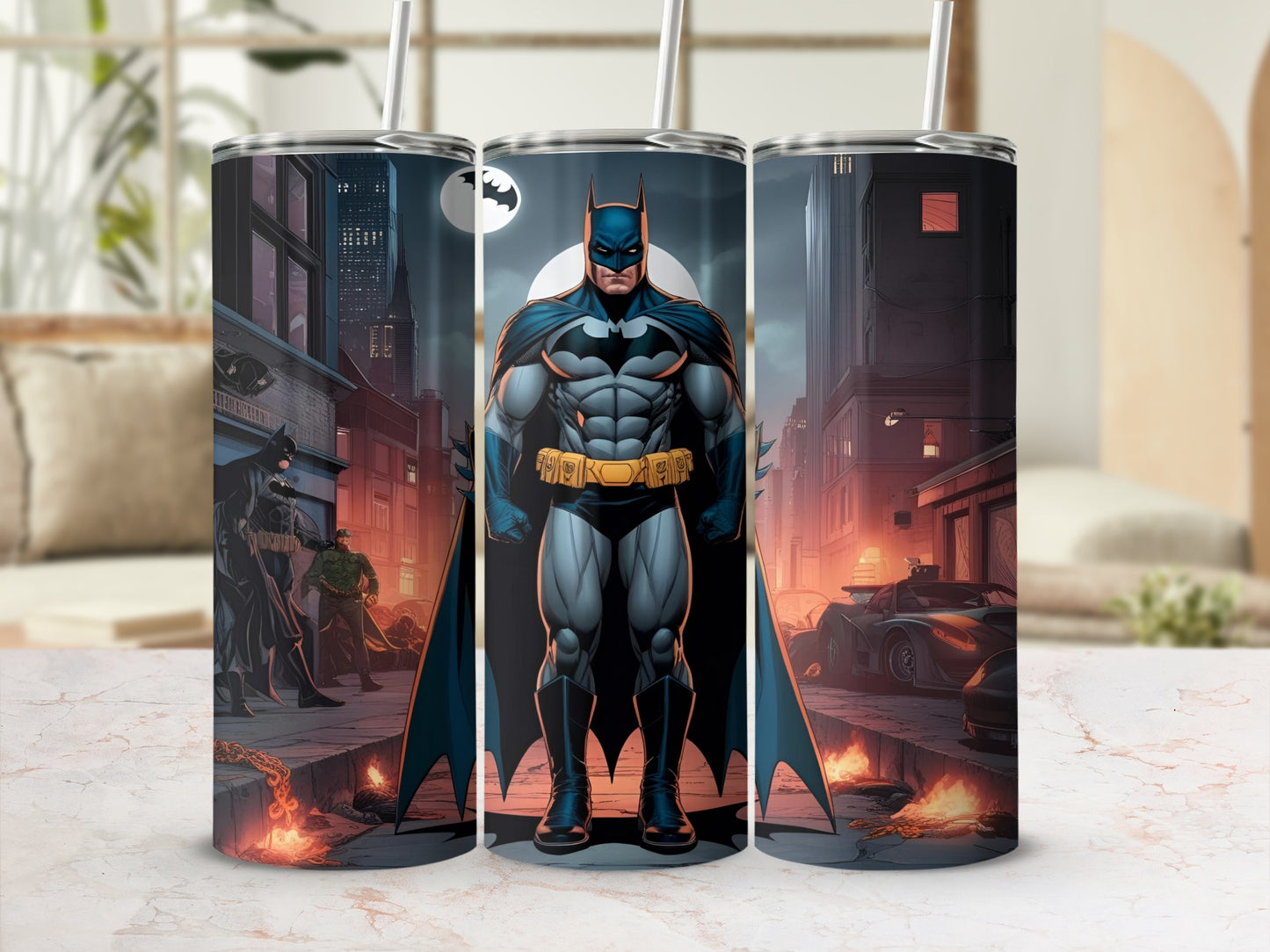 Batman standing in a city street with a moon and flames.