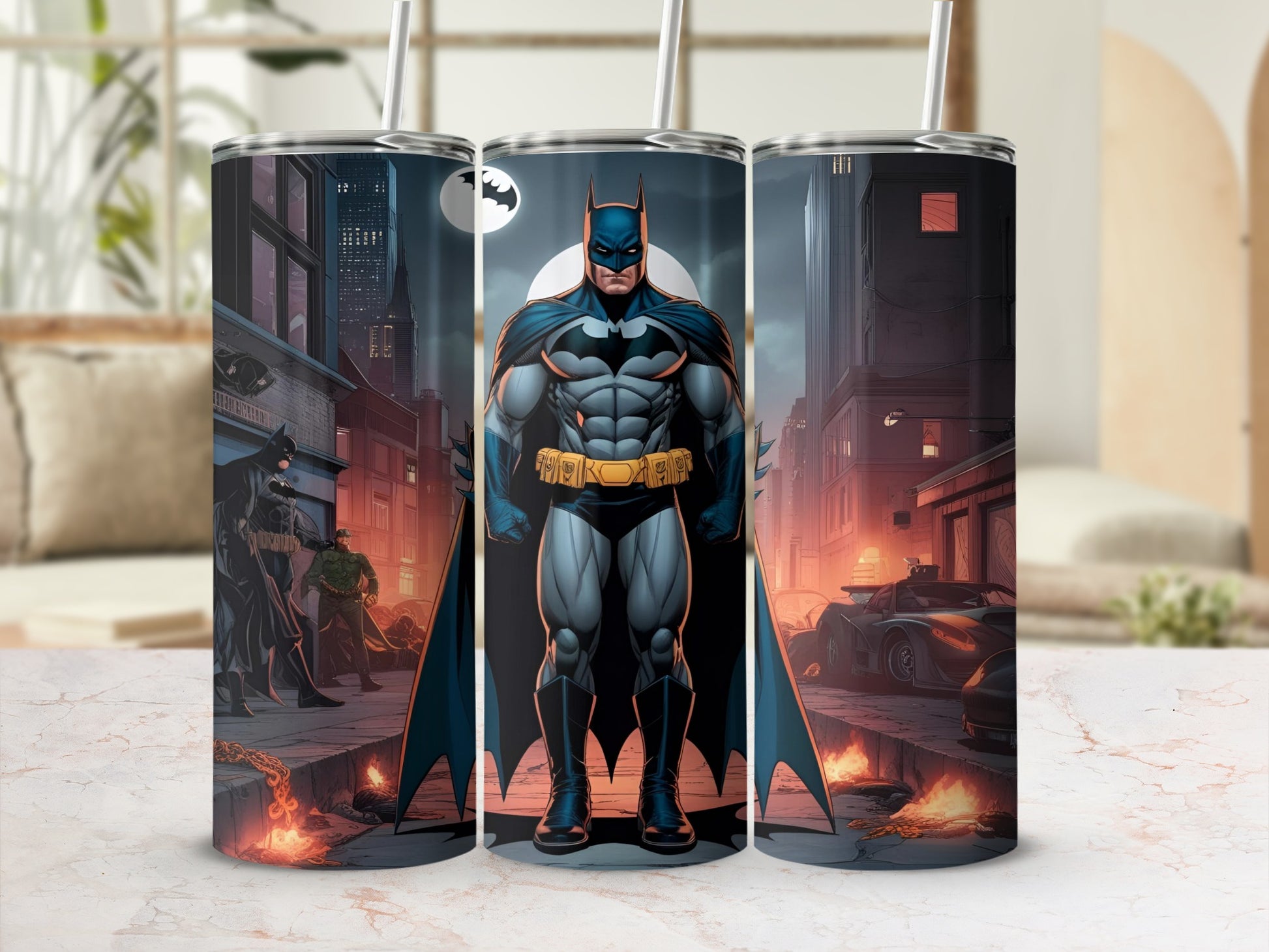 Batman standing in a city street with a moon and flames.
