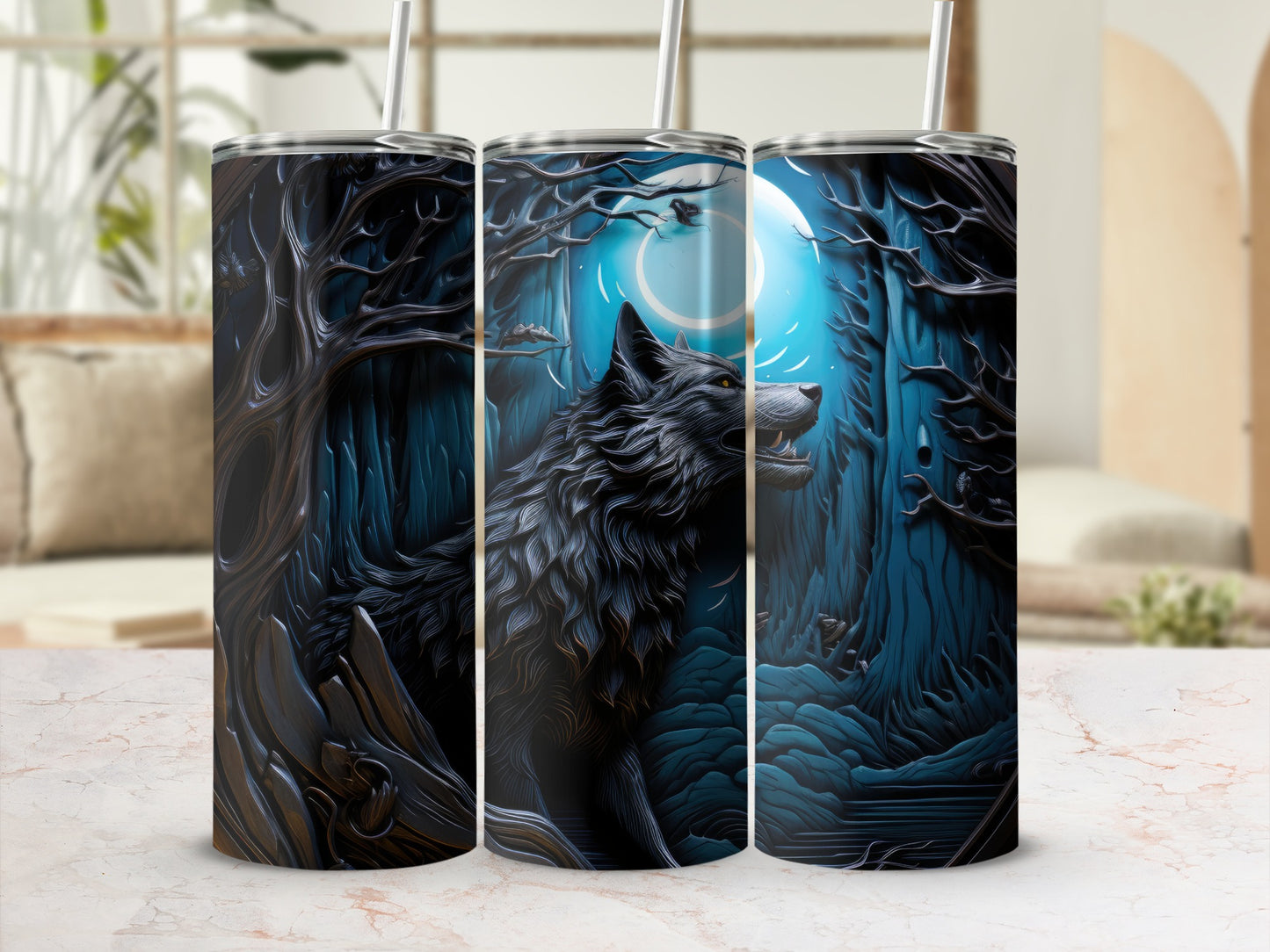 Wolf howling at moon in dark, spooky forest design on tumblers.