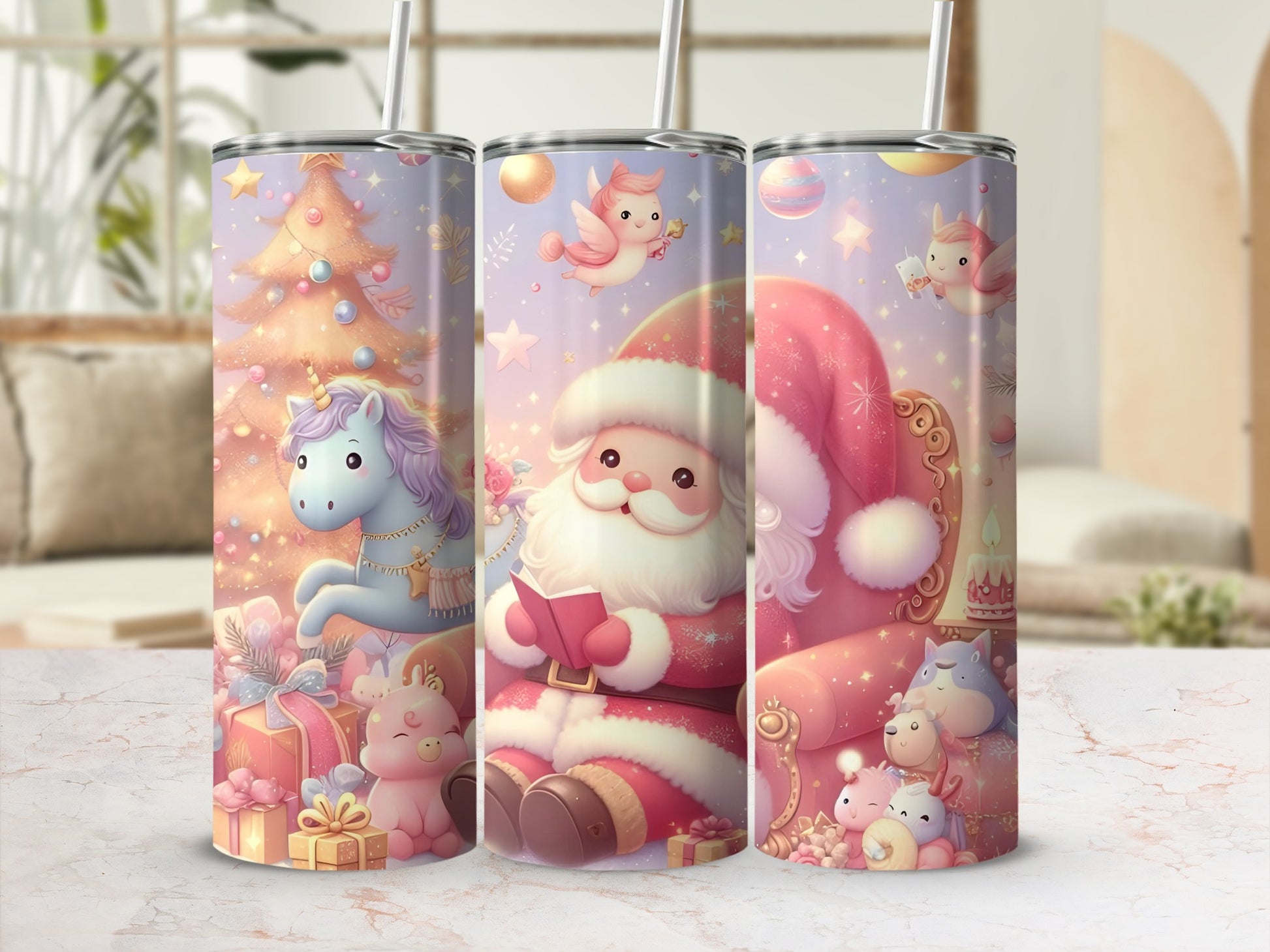 Festive Unicorn Santa Tumbler with Cute Pastel Art Design