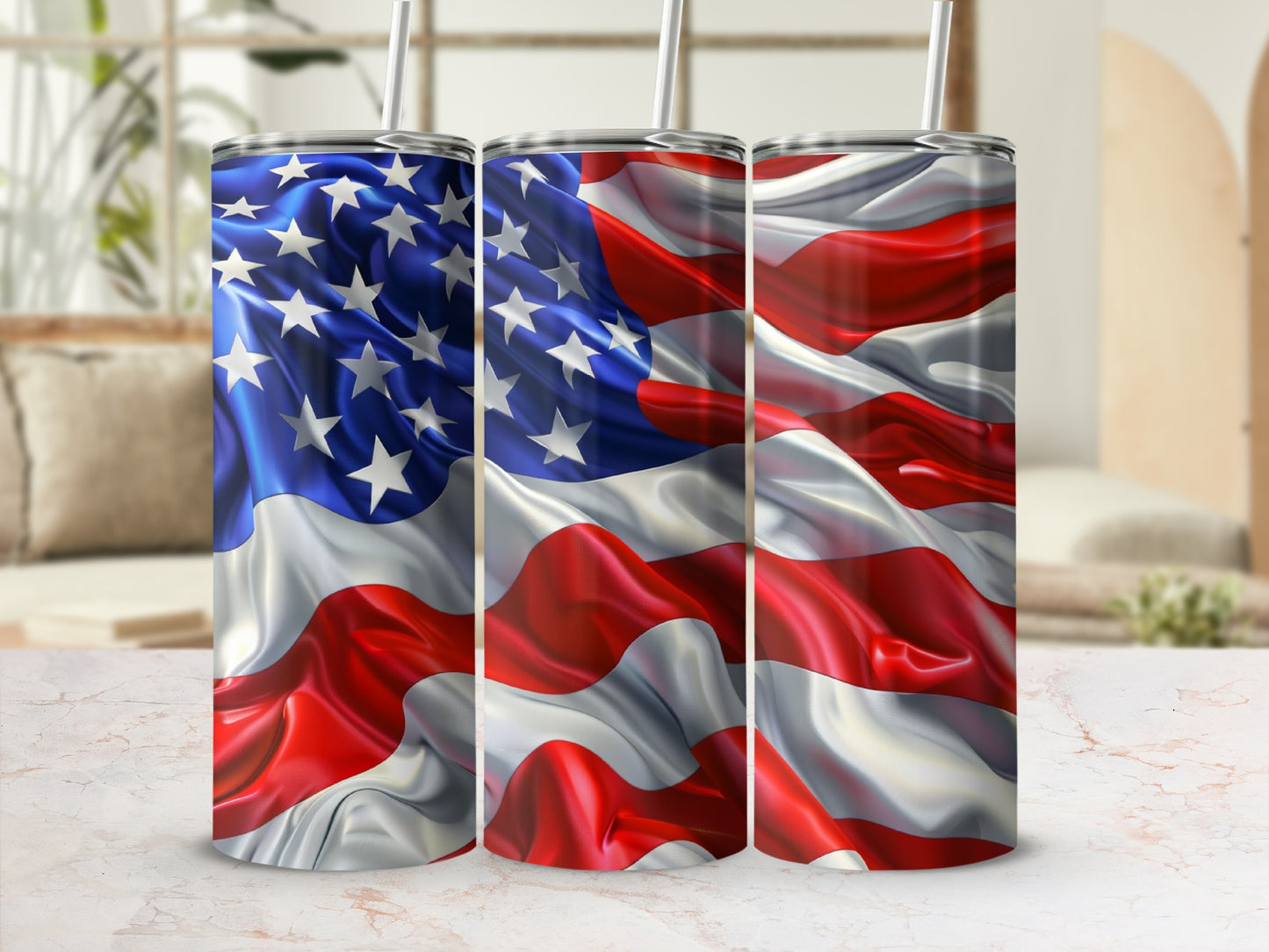 Three tumblers with a US flag design, positioned side-by-side.