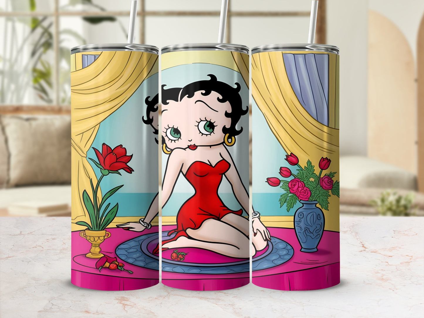 Betty Boop in red dress with flowers on a pink platter.