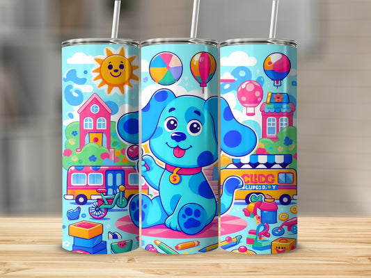 Adorable Blue Dog and Playful Children Theme Tumbler