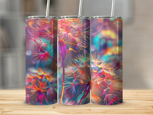 Three tumblers with dandelion seed heads and colorful bokeh background.