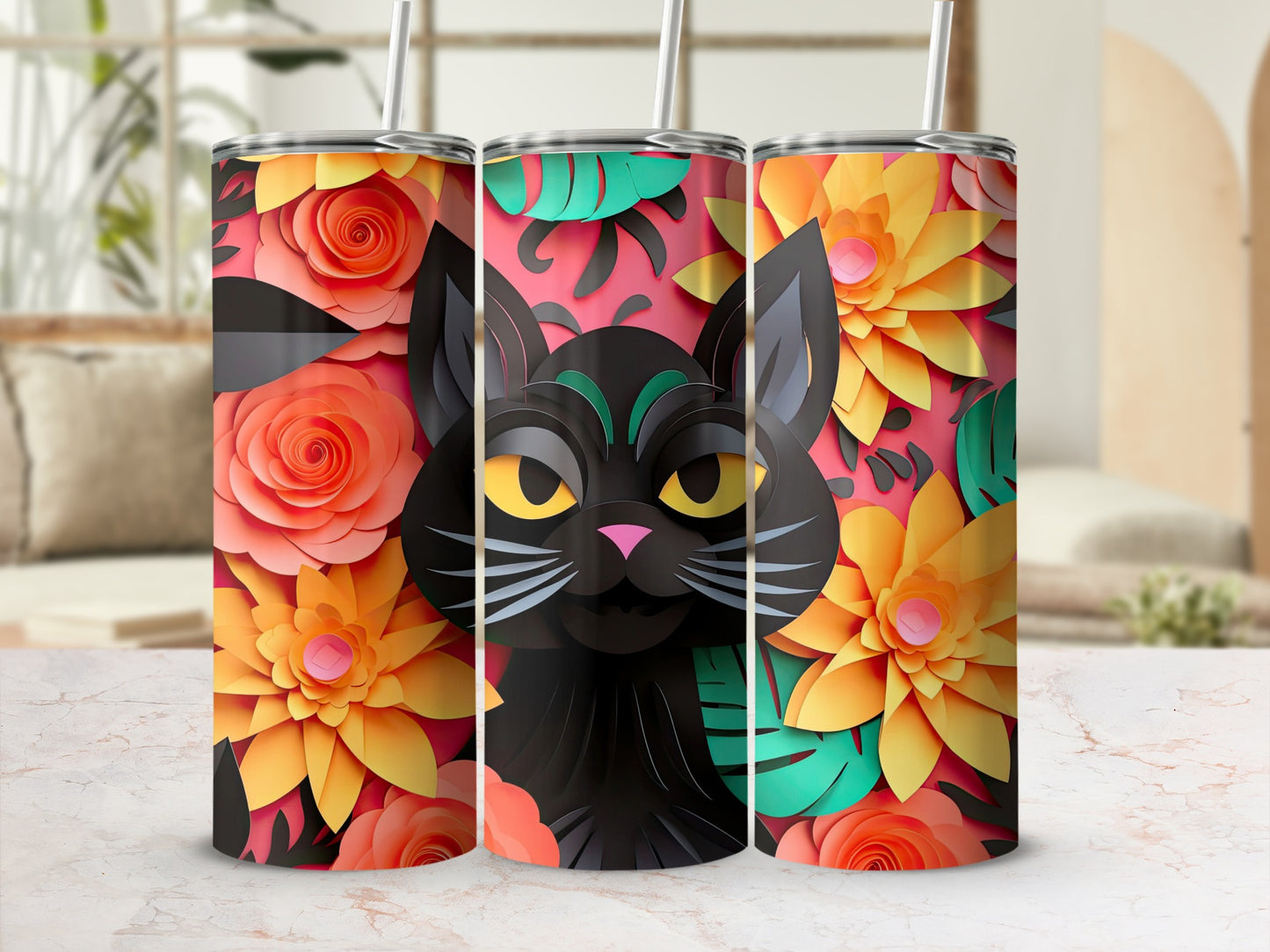 Three tumblers with a black cat and floral paper cut-out design.
