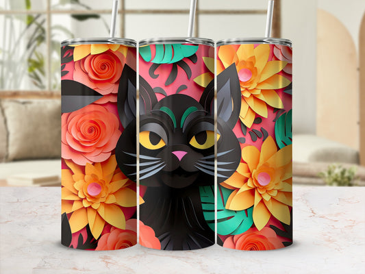 Three tumblers with a black cat and floral paper cut-out design.