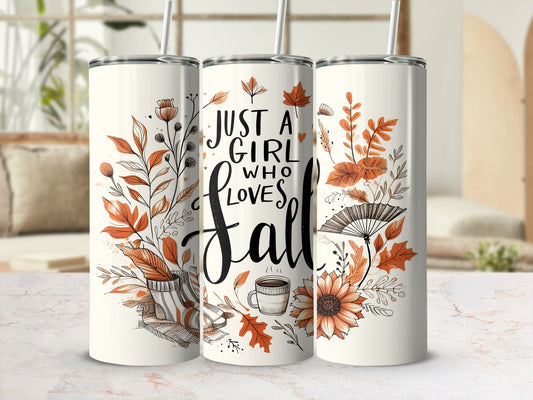 Tumbler with autumn leaves, coffee cup, and "Just a girl who loves Fall" text.