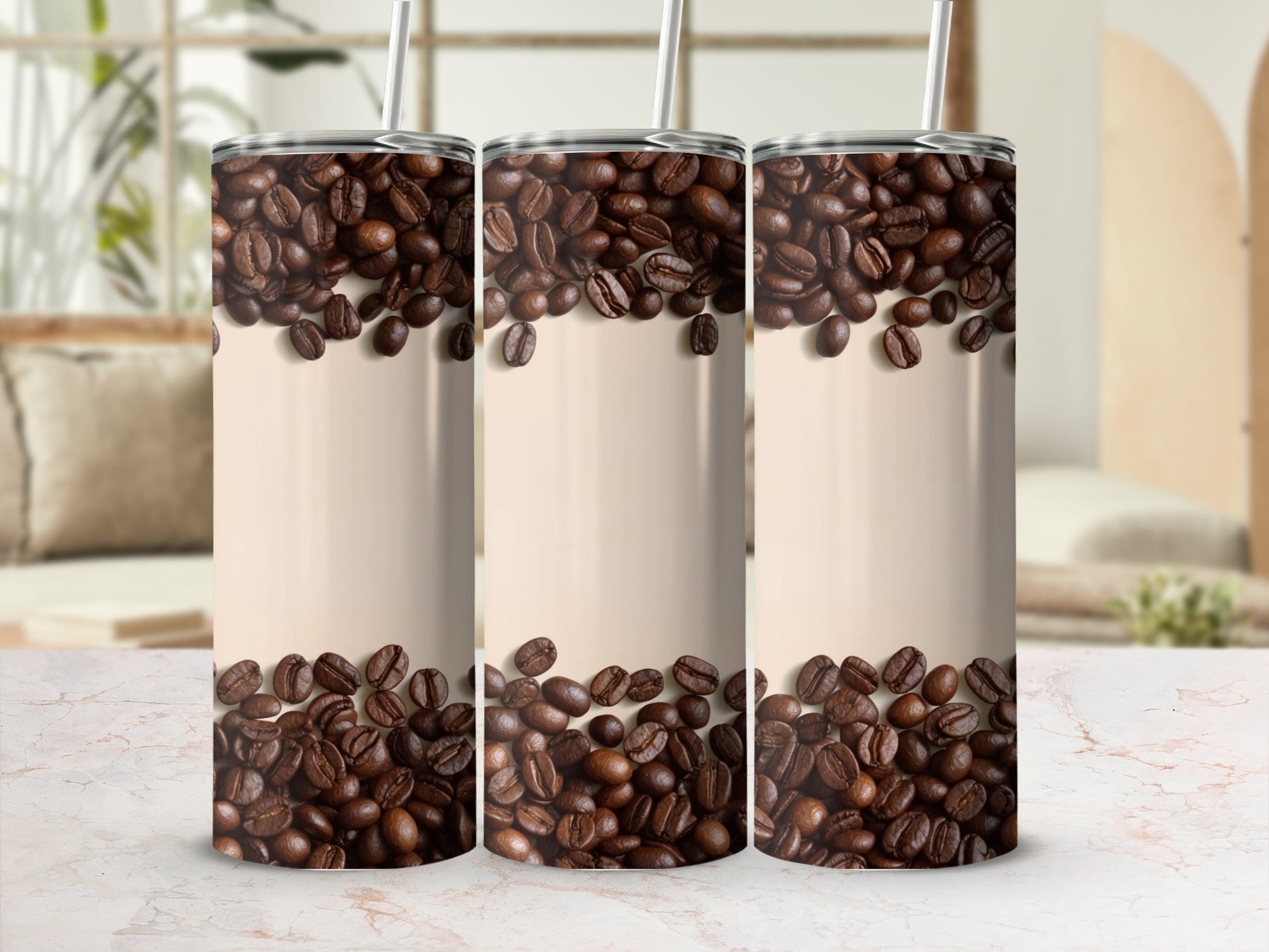 Three tall, insulated tumblers filled with coffee beans.